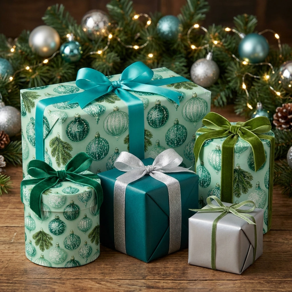 Luxury mint green Christmas wrapping paper with vintage ornament patterns and bows by Wrapped Studios.
