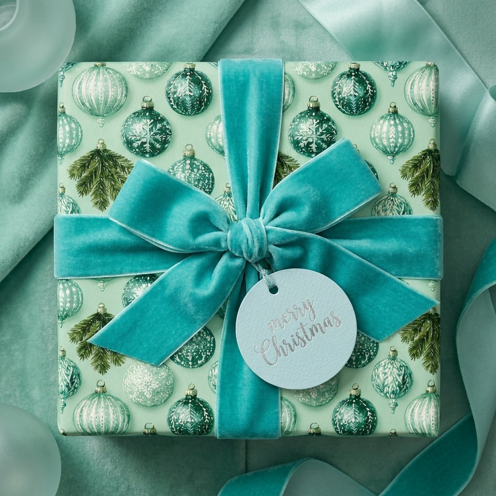 Luxury mint green Christmas wrapping paper with ornament pattern and teal velvet ribbon by Wrapped Studios.