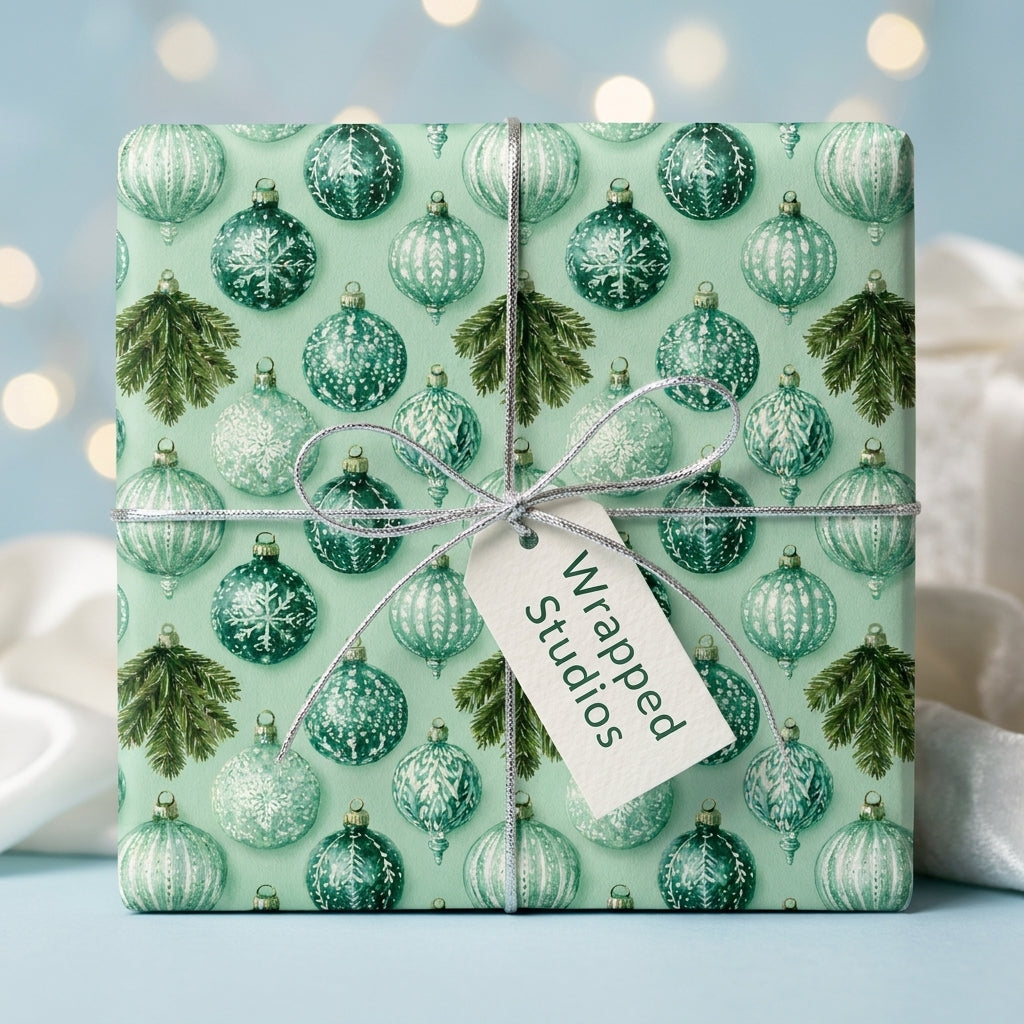 Elegant mint green Christmas wrapping paper with vintage ornaments and silver bow, by Wrapped Studios.