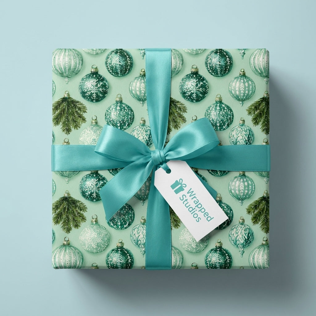 Teal Christmas wrapping paper with vintage ornament pattern and satin ribbon bow by Wrapped Studios.