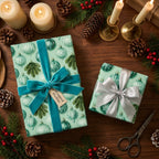 Elegant mint green Christmas wrapping paper with ornament patterns and velvet ribbons by Wrapped Studios.