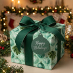 Elegant green Christmas wrapping paper with ornament pattern and emerald bow by Wrapped Studios.