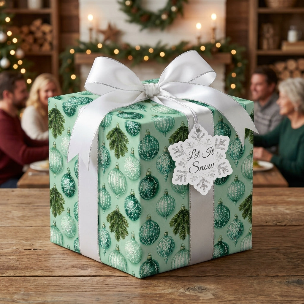 Green Christmas wrapping paper with winter ornament print and white satin bow by Wrapped Studios.