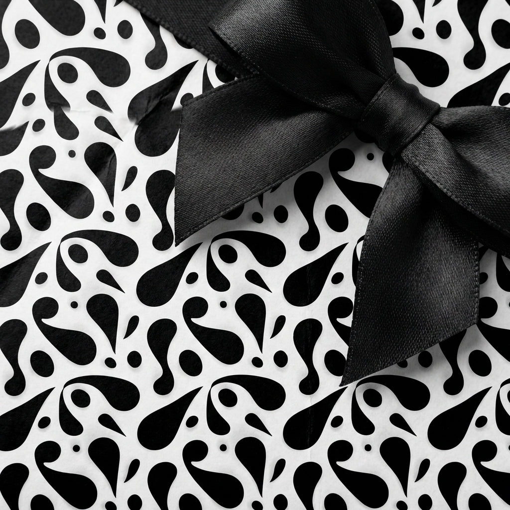 Chic abstract paisley wrapping paper in black and white, accented with a luxurious black ribbon bow.