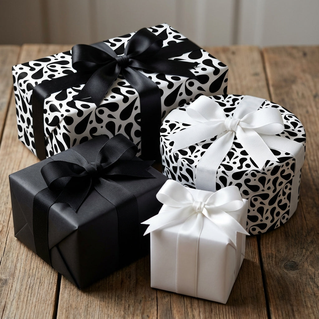 Elegant black and white paisley wrapping paper and solid monochrome gift boxes with satin ribbons, arranged on a rustic wooden table.