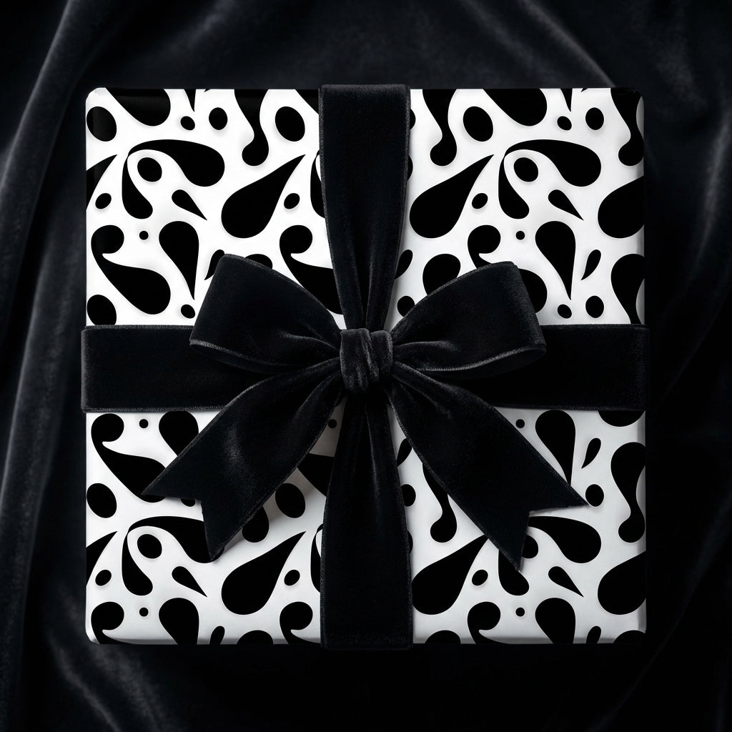 Luxury black and white gift wrap with an abstract paisley drop pattern and a large black velvet bow on a square box.