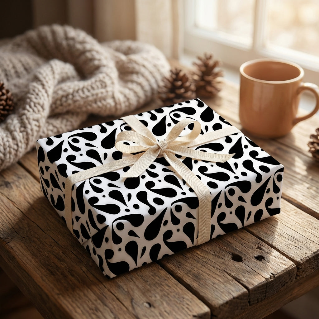 Black and white paisley wrapping paper on a gift box with a beige ribbon, set on a cozy rustic wooden table.