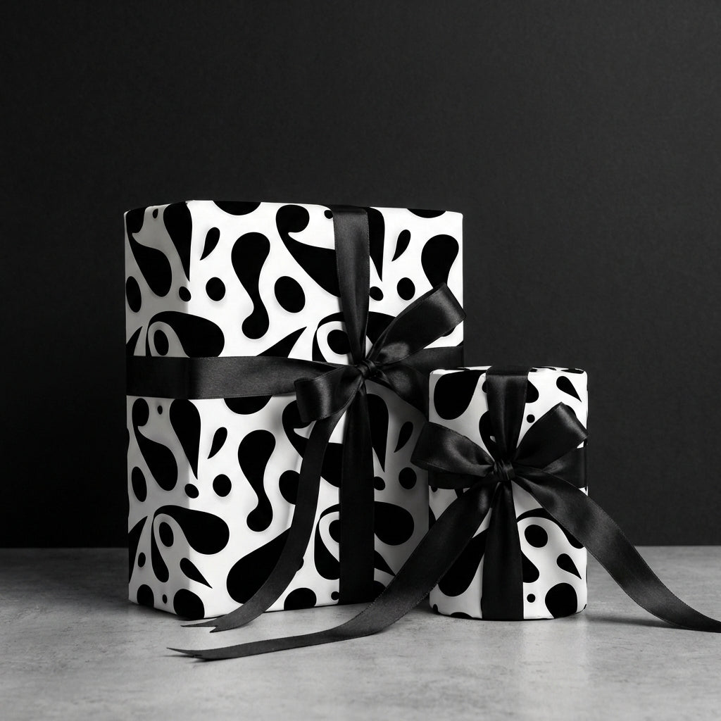 Luxury black and white abstract wrapping paper on two gifts tied with elegant black satin bows.