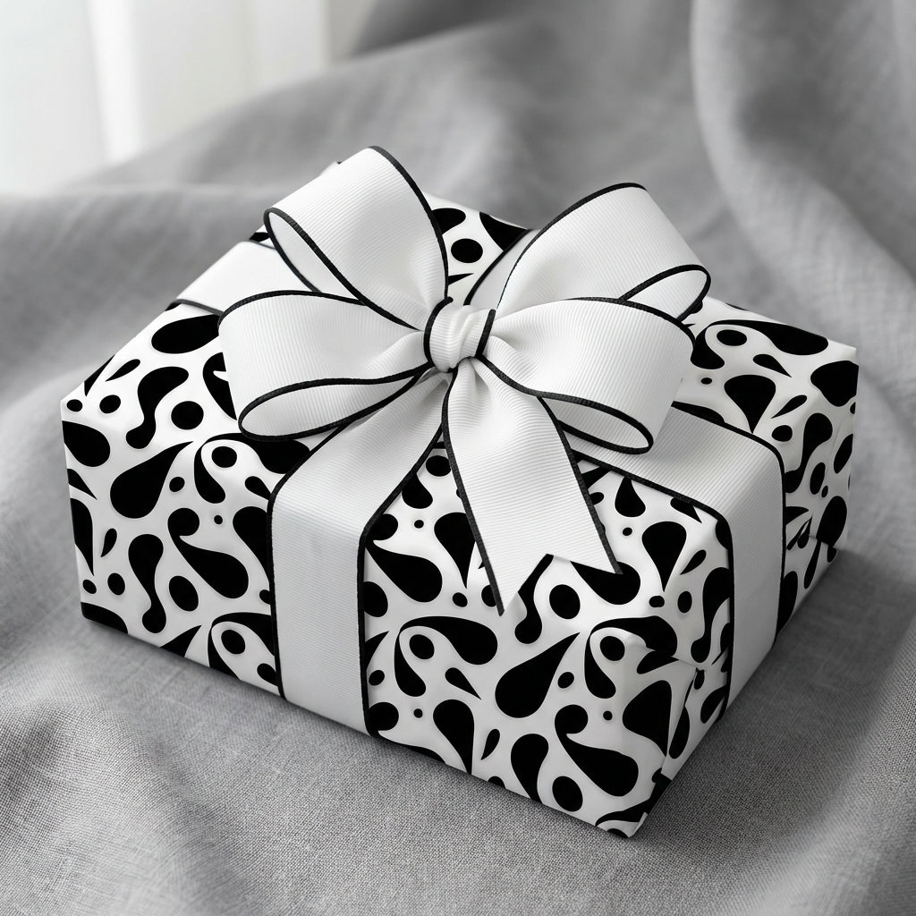 Modern black and white abstract paisley wrapping paper on a luxury gift box tied with a white ribbon bow with black trim.