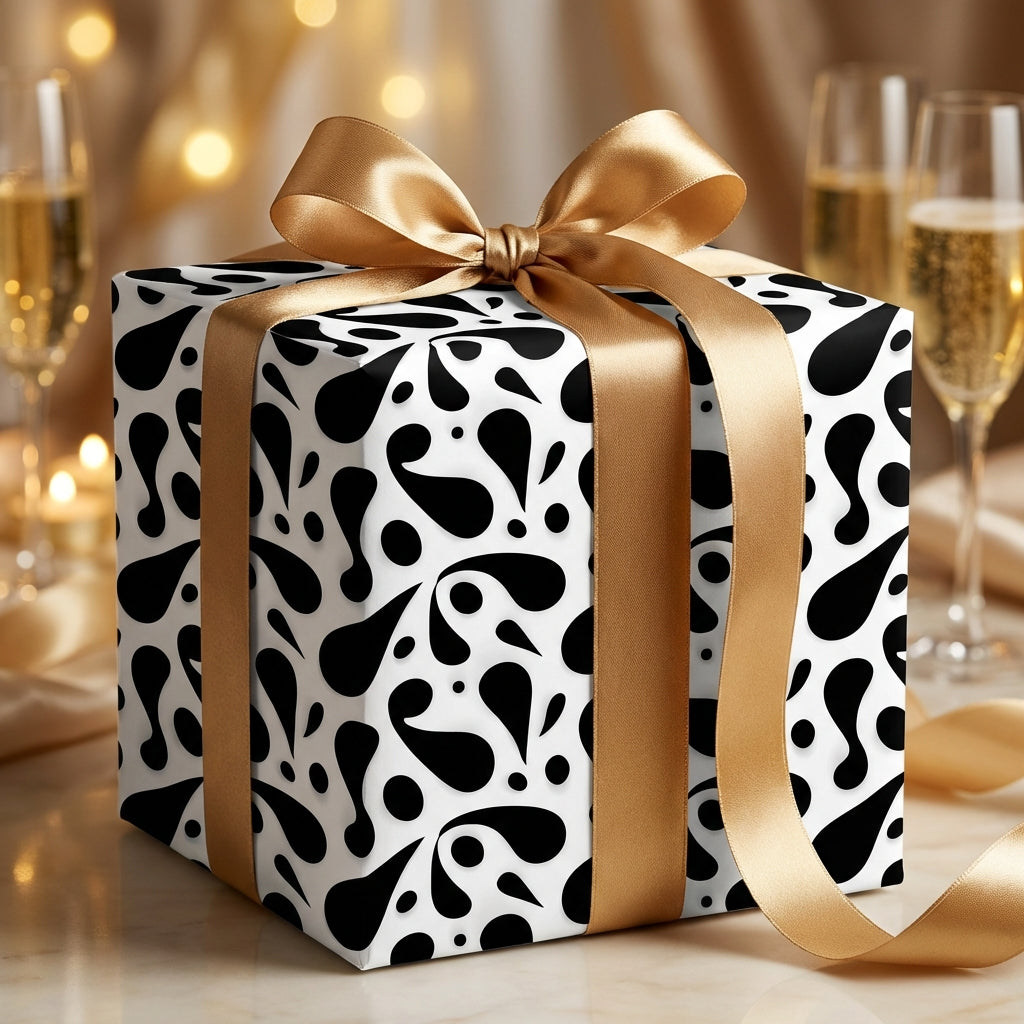 Modern black and white abstract pattern wrapping paper tied with a luxurious gold satin ribbon for a sophisticated celebration.