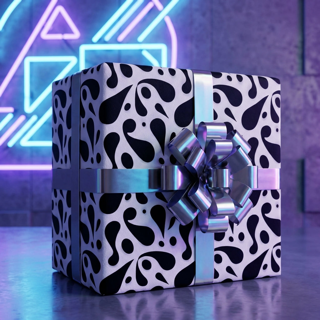 Trendy black and white abstract pattern wrapping paper on a gift box, accented with a large iridescent bow in a neon setting.