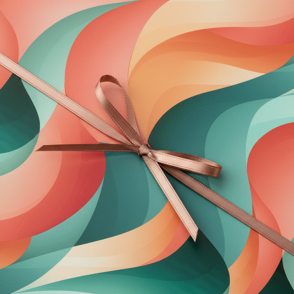 Modern gift wrap with a bronze ribbon, featuring a teal, coral, and peach abstract wave design.
