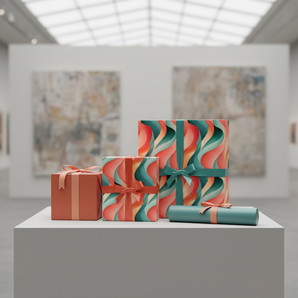 Modern gift boxes wrapped in abstract wavy teal and coral wrapping paper with ribbons, displayed on a minimalist stand.
