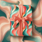 Stylish gift wrapped in teal, peach and coral abstract wrapping paper with a matching ribbon.