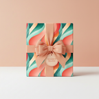 Square gift wrapped in modern floral wrapping paper with a peach grosgrain ribbon and bow.