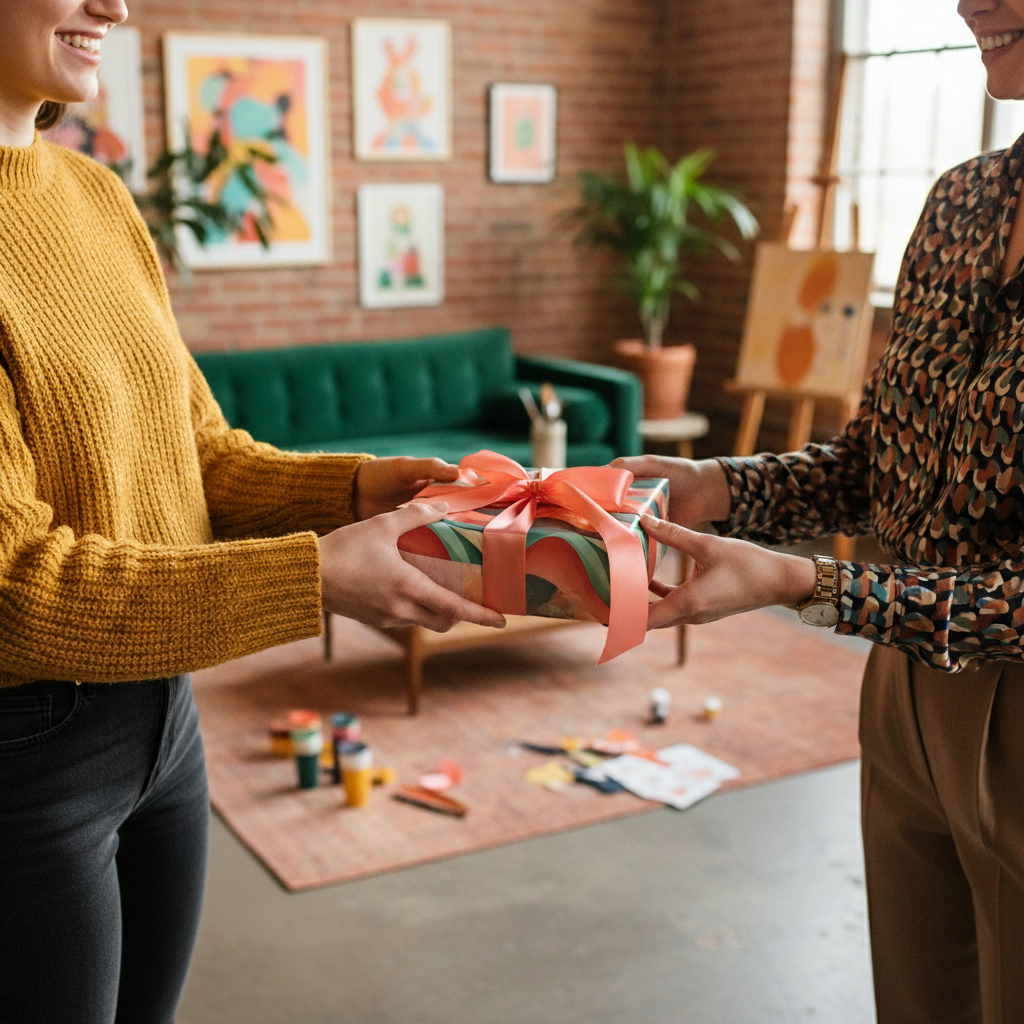Woman exchanging a birthday gift wrapped in modern, colorful wrapping paper with a coral ribbon.