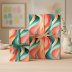 Modern wrapping paper with an abstract wave pattern in coral, teal, and tan, tied with ribbon.