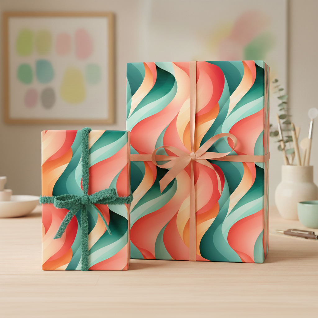 Modern wrapping paper with an abstract wave pattern in coral, teal, and tan, tied with ribbon.