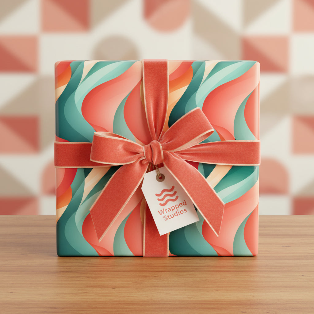 Square gift box in colorful retro wave wrapping paper with coral velvet ribbon and bow.