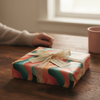 Retro birthday wrapping paper with a peach, teal, and pink wave design and lace ribbon on a wood table.