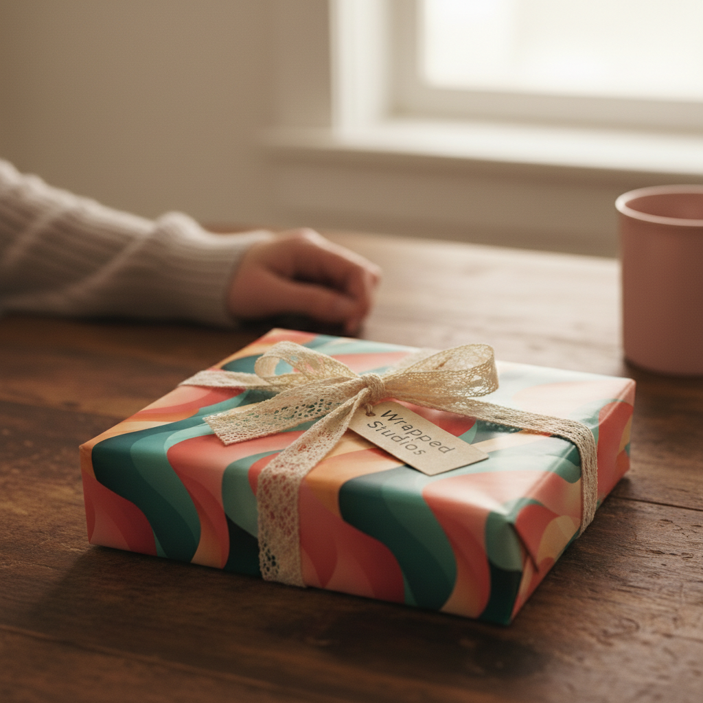Retro birthday wrapping paper with a peach, teal, and pink wave design and lace ribbon on a wood table.
