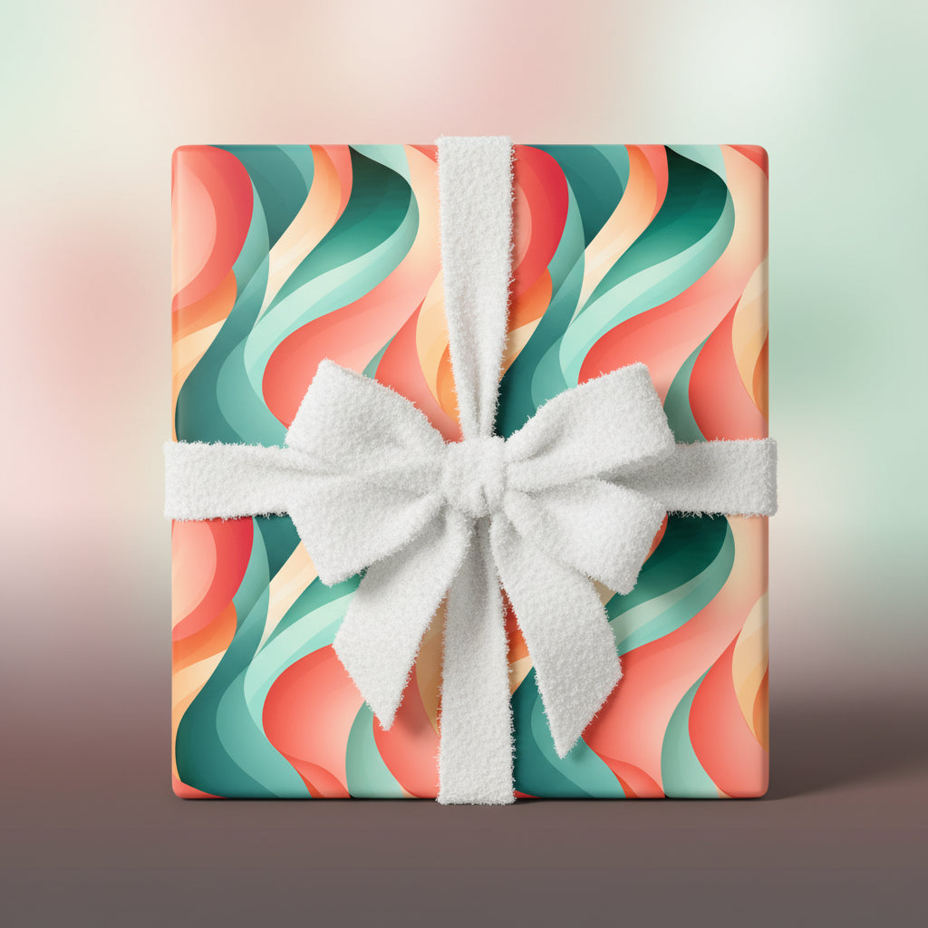 Gift box in modern abstract wrapping paper with teal, peach, and cream waves, tied with a textured white ribbon.