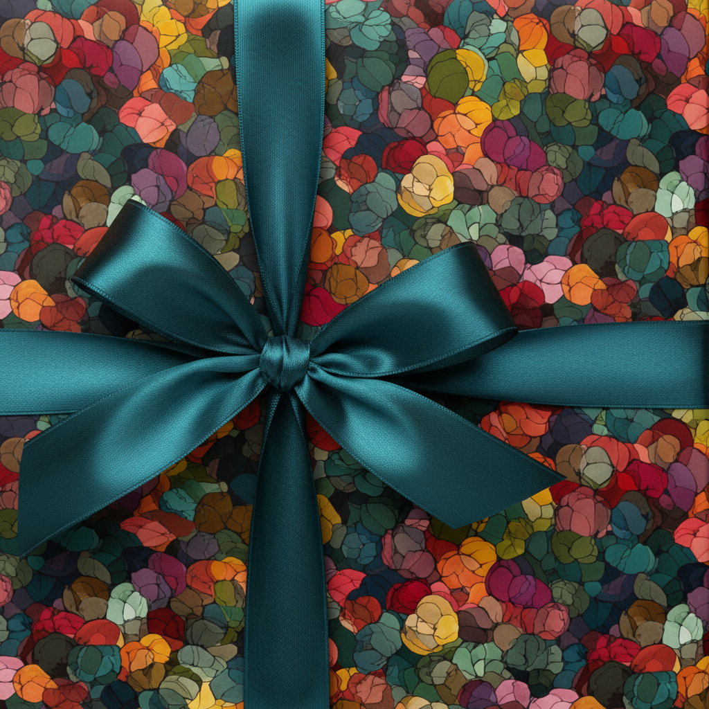 Square gift wrapped in colorful modern floral paper with teal satin bow.