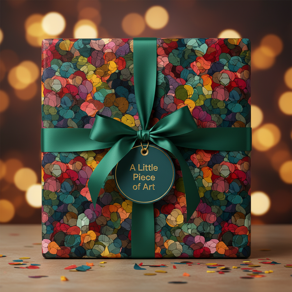 Gift wrapped in colorful floral wrapping paper with a green satin ribbon and "A Little Piece of Art" tag.