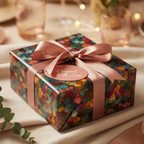 Elegant gift wrapped in colorful floral wrapping paper with a blush ribbon and "Wrapped With Love" tag.