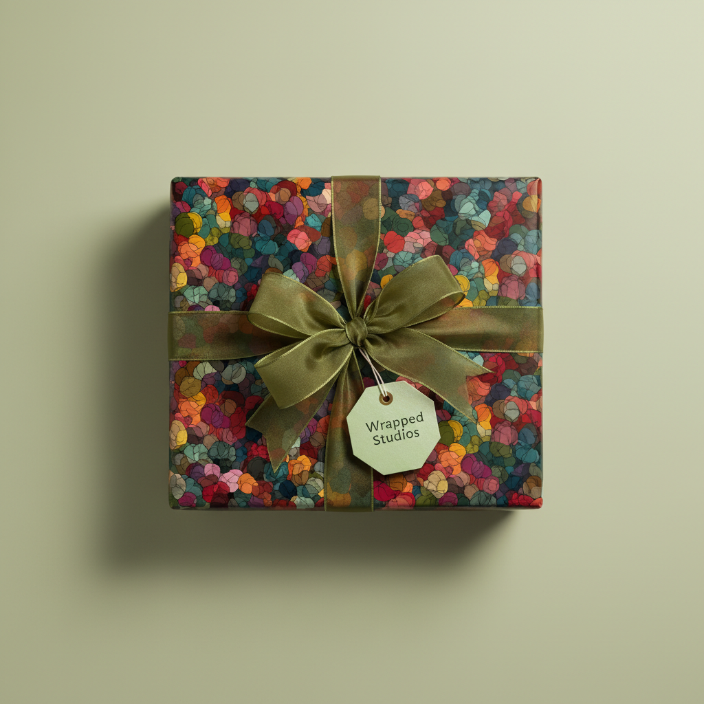 Square gift box in colorful abstract floral wrapping paper with olive green ribbon and tag.