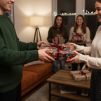 Group exchanging gifts wrapped in colorful floral wrapping paper with a red satin ribbon.