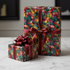 Elegant gifts wrapped in colorful floral wrapping paper with burgundy ribbon on a marble surface.