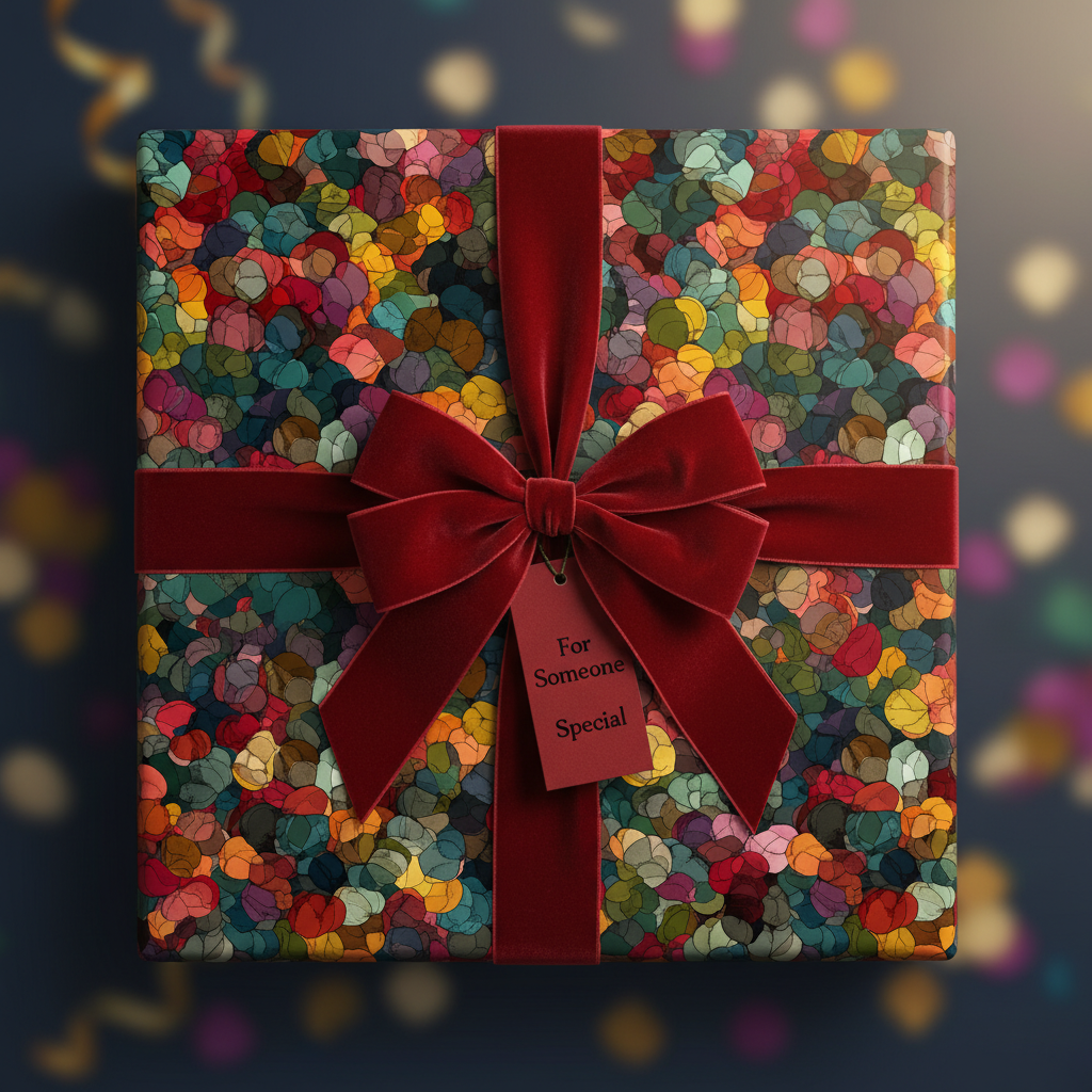 Colorful modern birthday wrapping paper with a red velvet bow and "For Someone Special" tag.