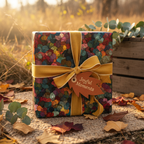 Close-up of a gift wrapped in colorful floral wrapping paper with a gold ribbon and "Joyful Moments" tag.