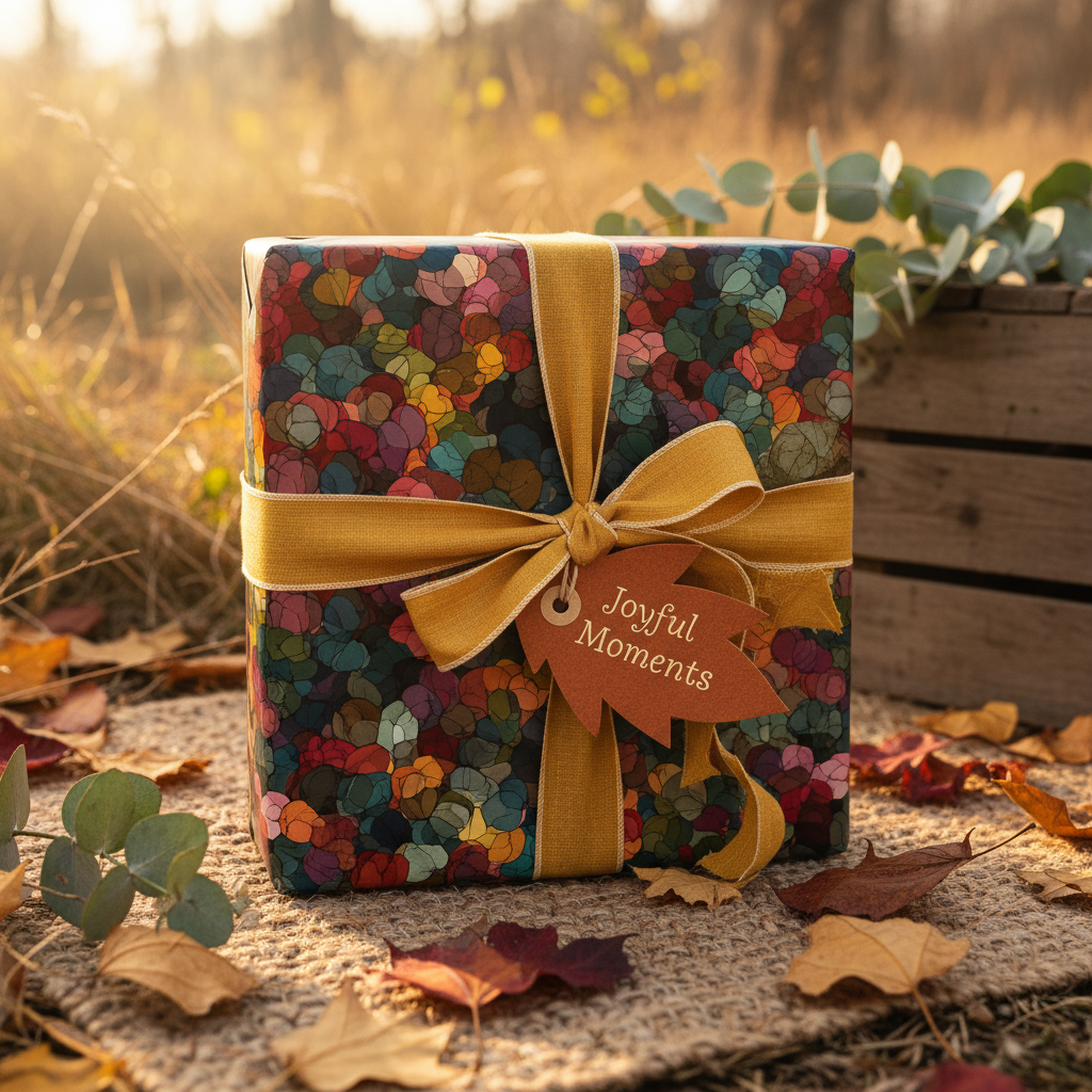 Close-up of a gift wrapped in colorful floral wrapping paper with a gold ribbon and "Joyful Moments" tag.