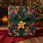 Festive Christmas gift wrapped in modern patterned paper with a green ribbon and "Merry & Bright!" star tag.