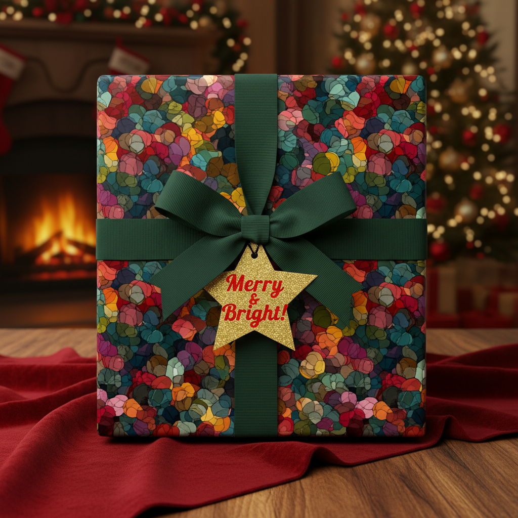 Festive Christmas gift wrapped in modern patterned paper with a green ribbon and "Merry & Bright!" star tag.