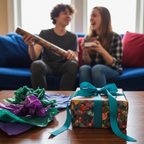 Family exchanging gifts with abstract patterned wrapping paper and teal ribbon bow on a gift box.