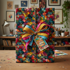 Bright floral wrapping paper with colorful ribbon and "Creative Gifting" tag.