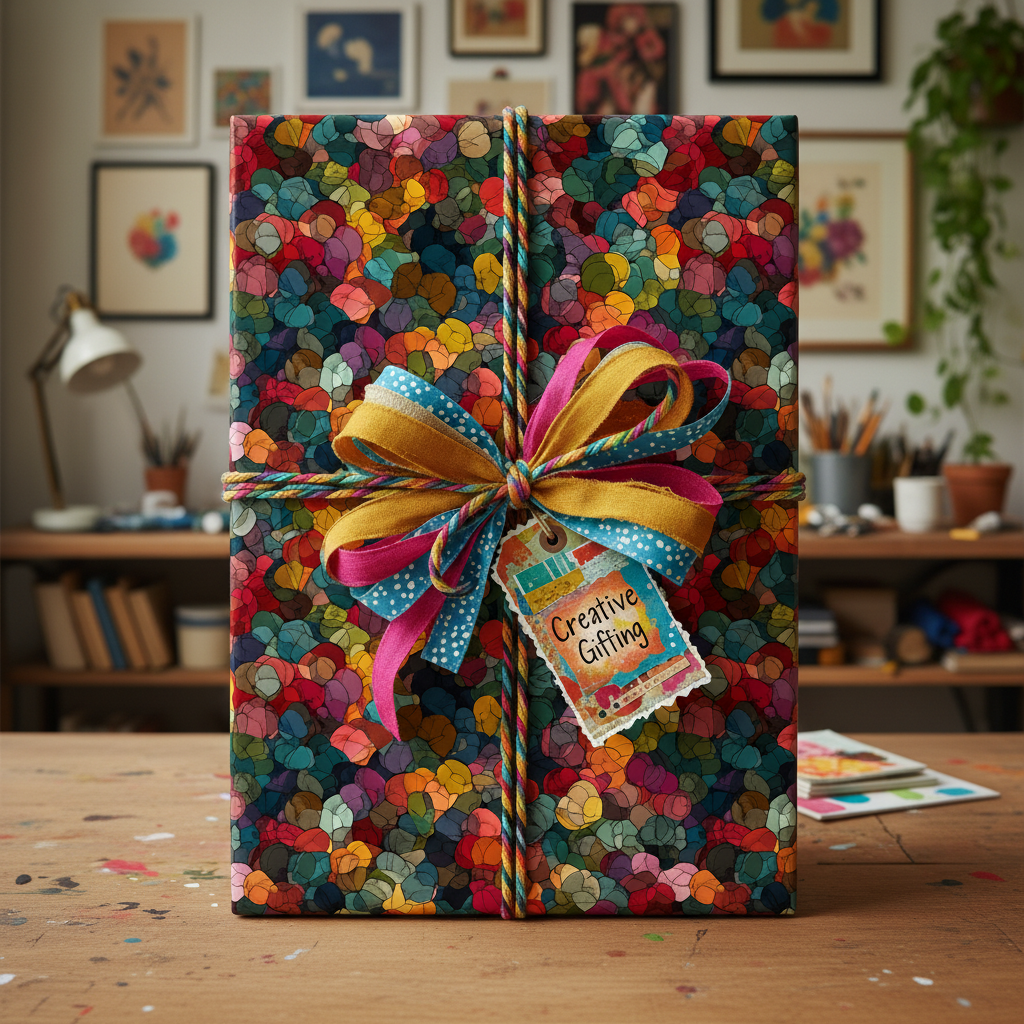 Bright floral wrapping paper with colorful ribbon and "Creative Gifting" tag.