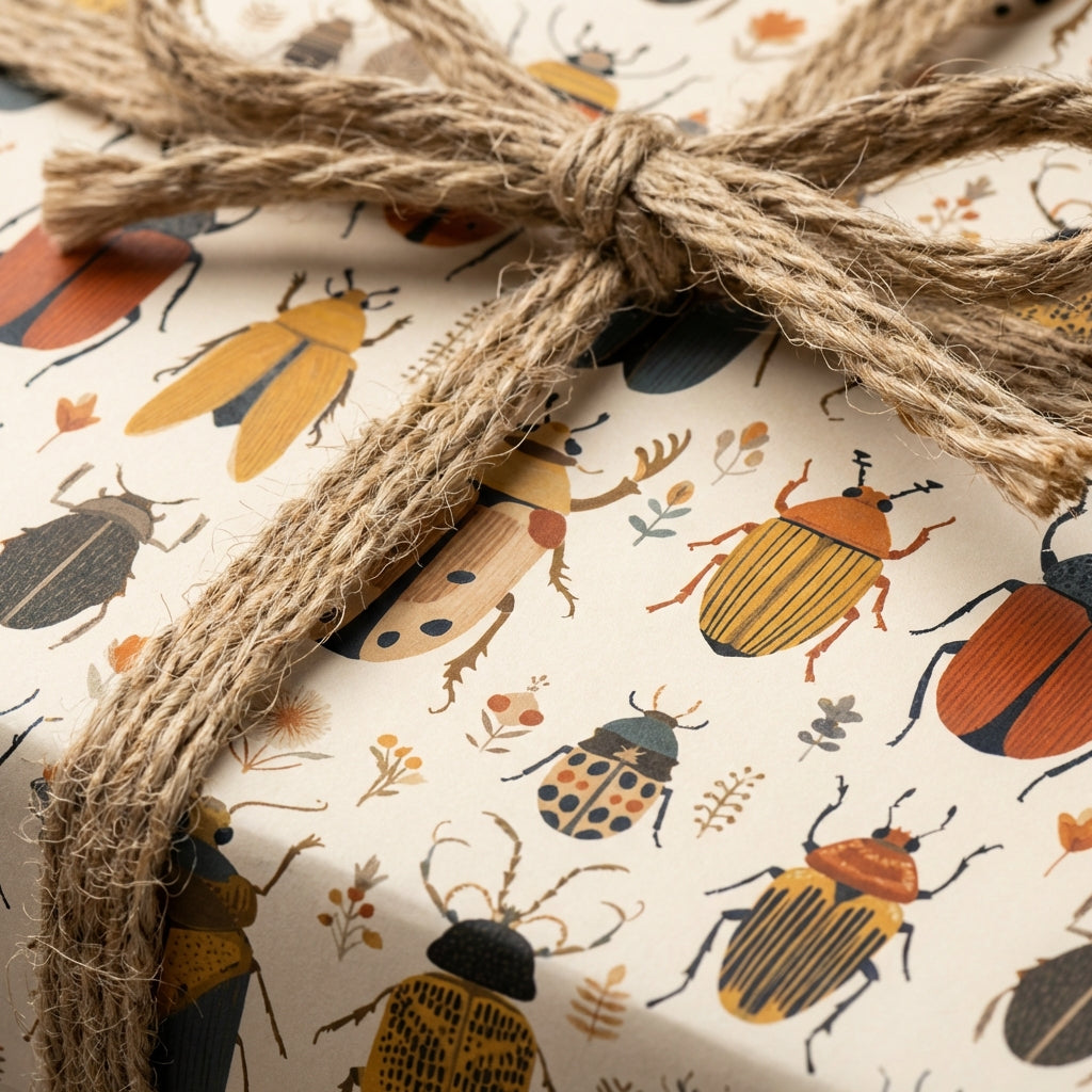 Wrapped gift box with unique beetle wrapping paper and rustic twine bow from Wrapped Studios.