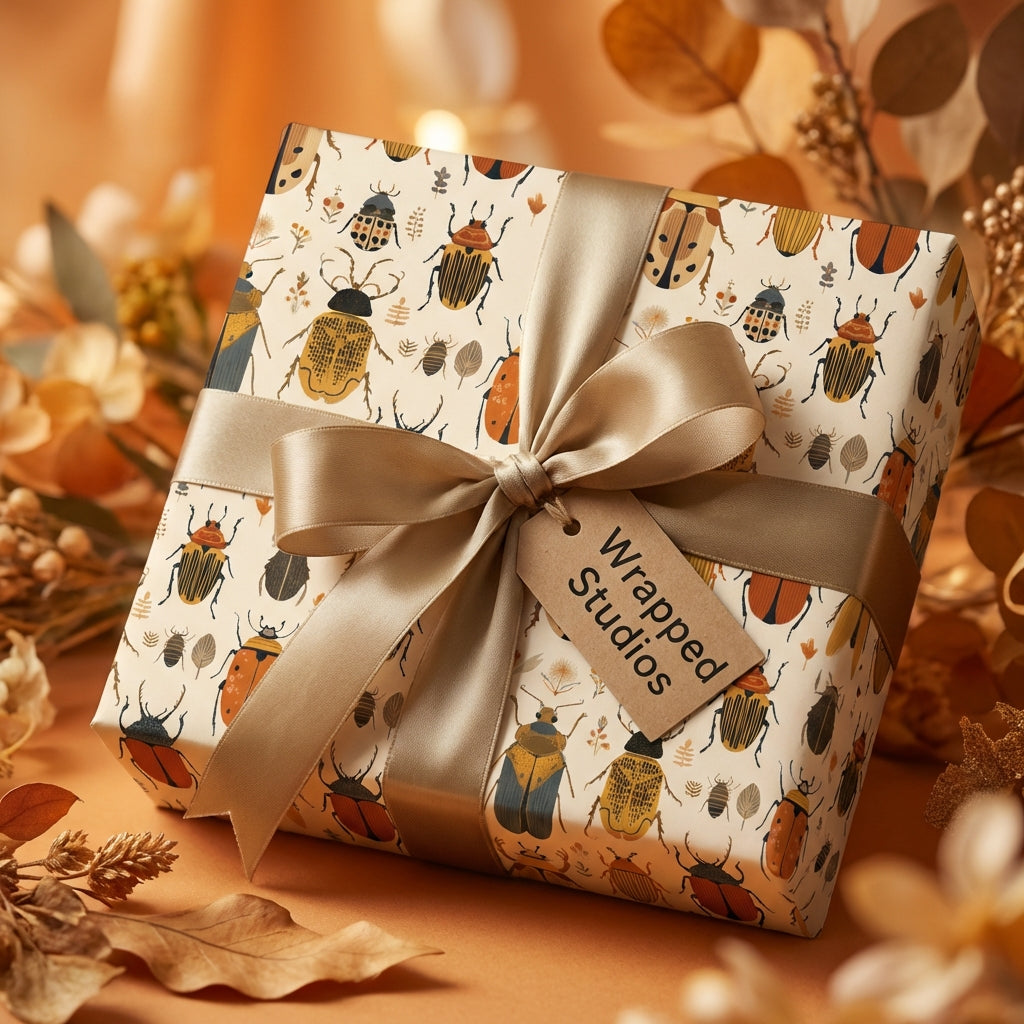 Gift wrapped in Wrapped Studios novelty beetle wrapping paper with gold satin ribbon.
