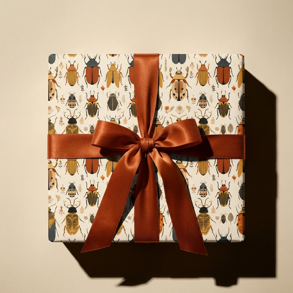 Gift box wrapped in modern beetle print wrapping paper with a copper satin ribbon bow.
