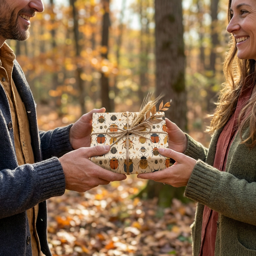 Man exchanging gift with woman, Wrapped Studios beetle print wrapping paper and twine outdoors.