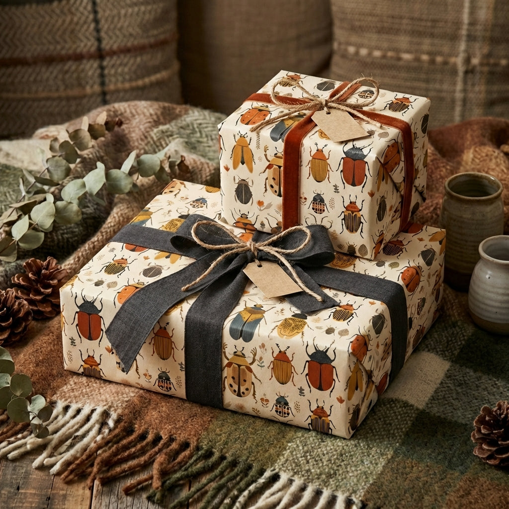 Wrapped gifts use beetle print wrapping paper with brown and grey ribbon and twine bows.