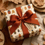 Gift box wrapped in vintage beetle wrapping paper with an orange ribbon from Wrapped Studios.
