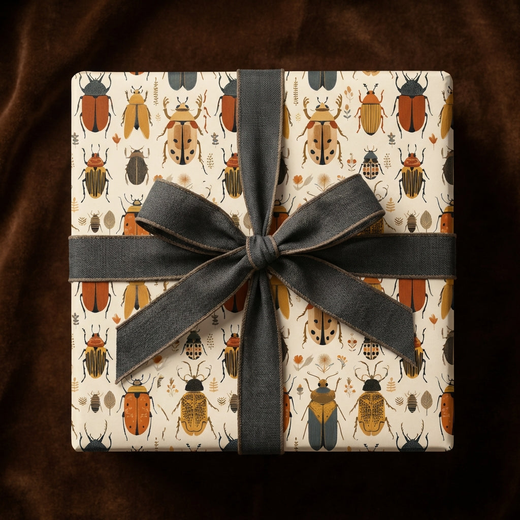 Gift wrapped in unique beetle print paper with gray ribbon, from Wrapped Studios.