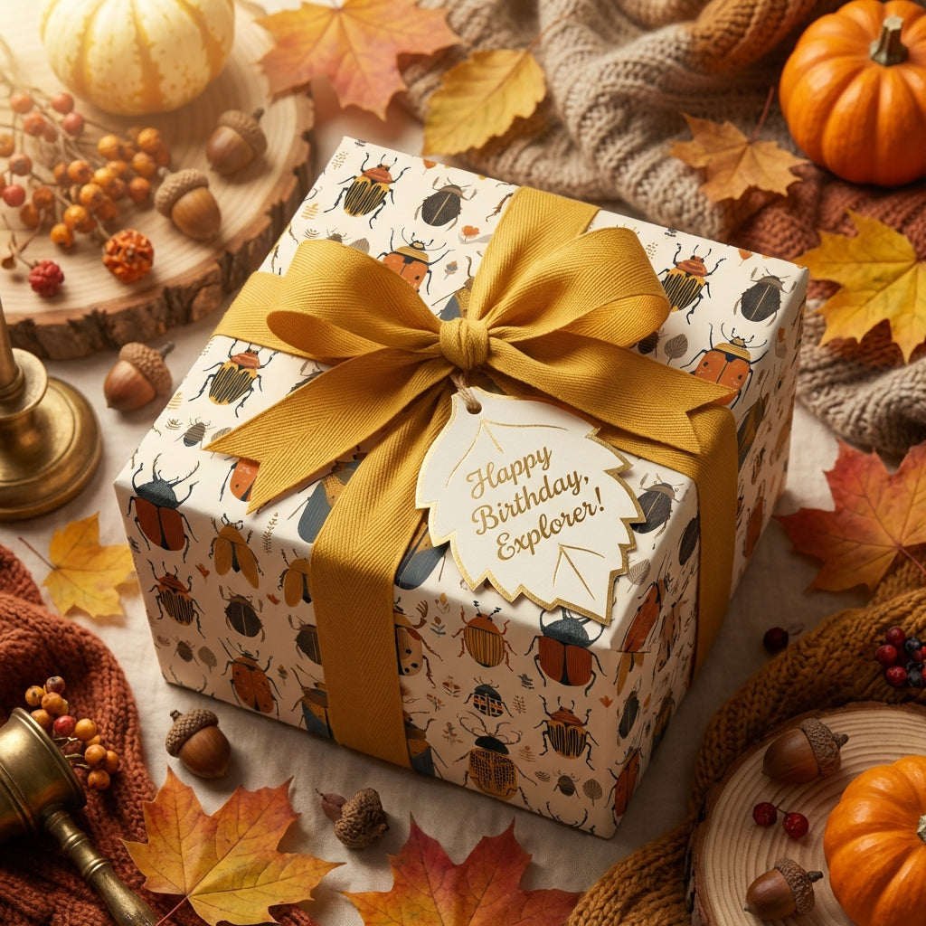 Birthday gift wrapped in beetle-themed paper with a gold ribbon and "Happy Birthday, Explorer!" tag.