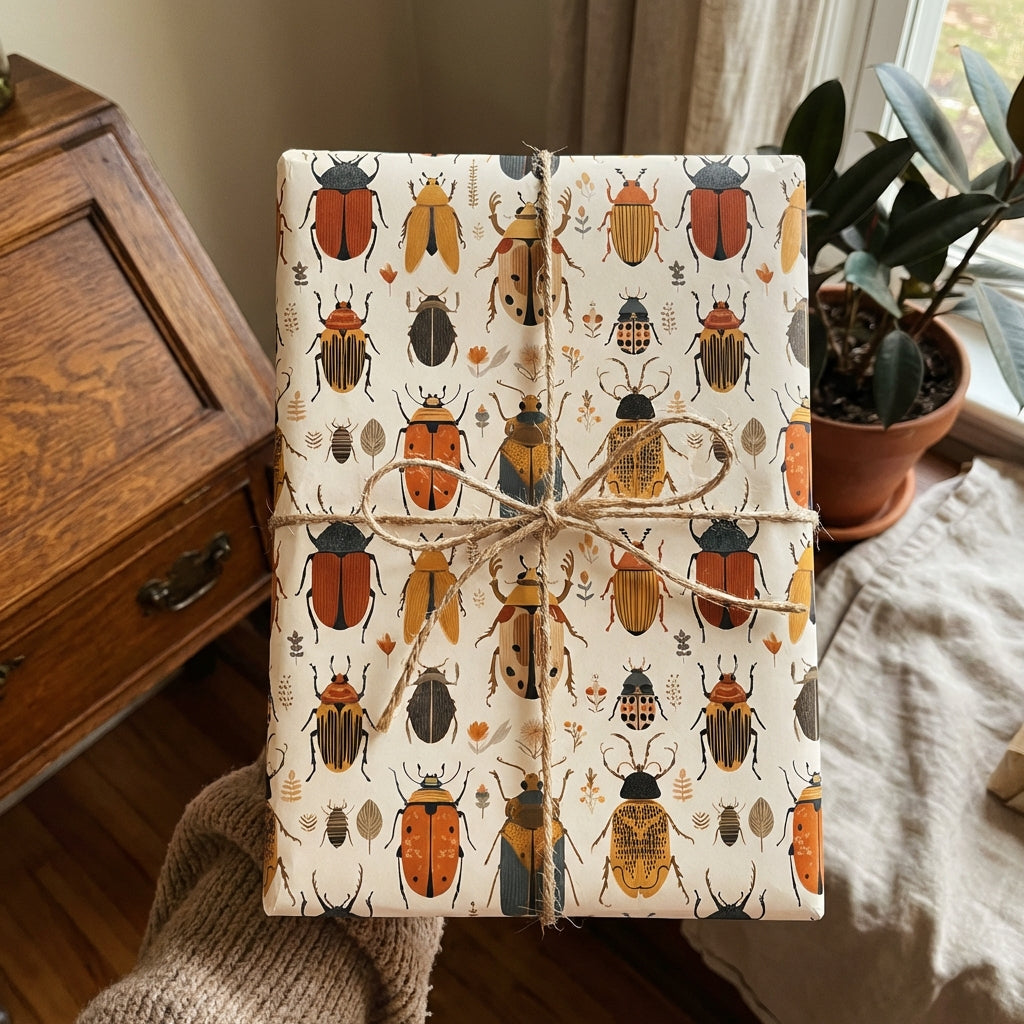 Wrapped gift in unique beetle-patterned wrapping paper with rustic twine bow by Wrapped Studios.
