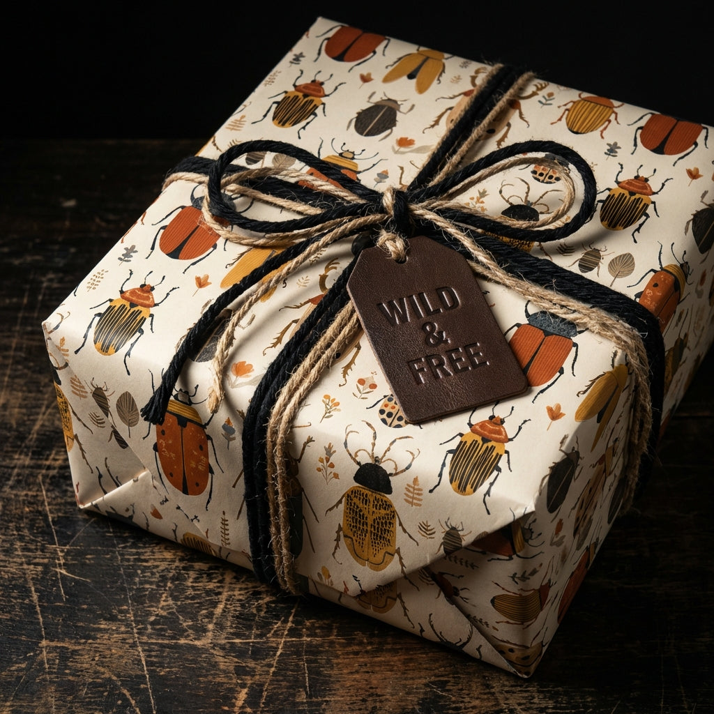 Unique beetle-patterned wrapping paper with twine ribbon and a "Wild & Free" tag.